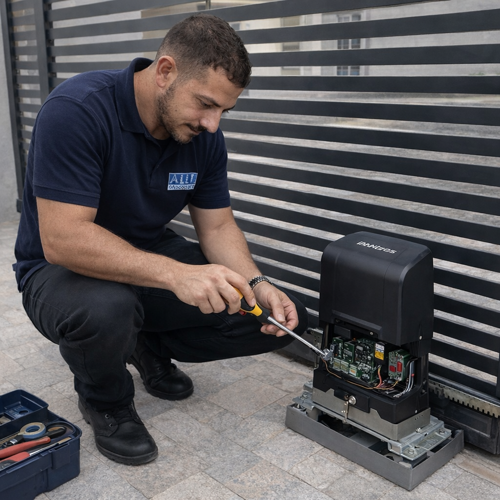 Técnico uniformizado da ALLTI realizando manutenção em motor de portão