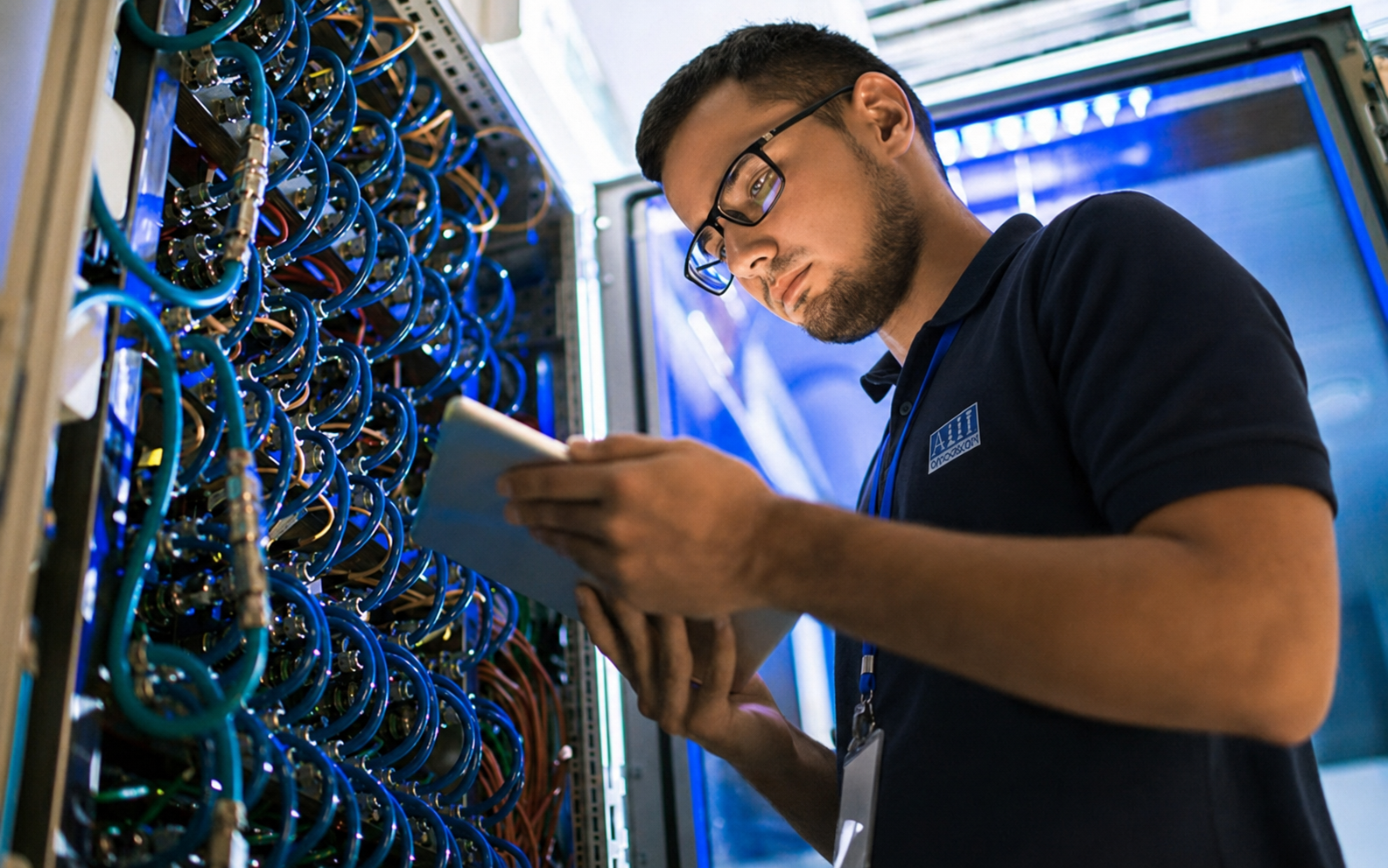 Técnico uniformizado da ALLTI trabalhando em infraestrutura de TI