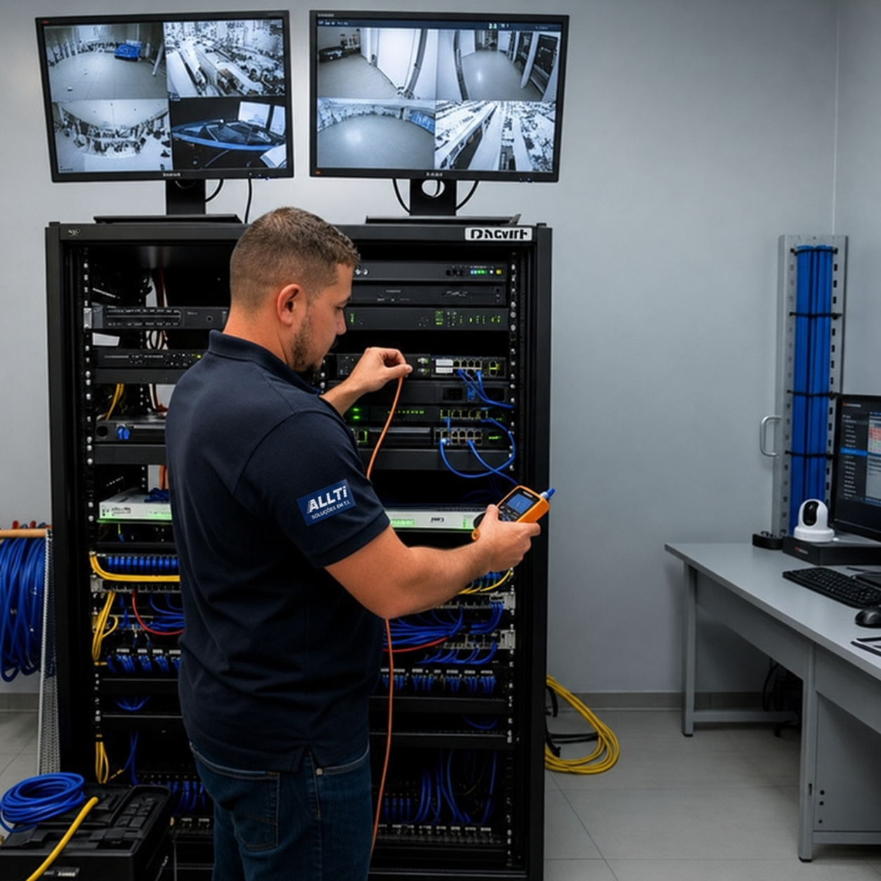 Técnico organizando cabos e equipamentos em um rack