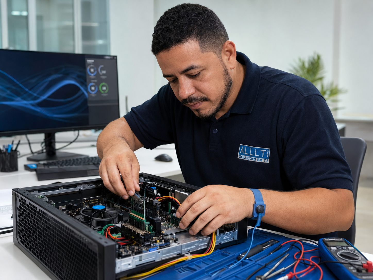 Técnico uniformizado da ALLTI realizando manutenção em um computador